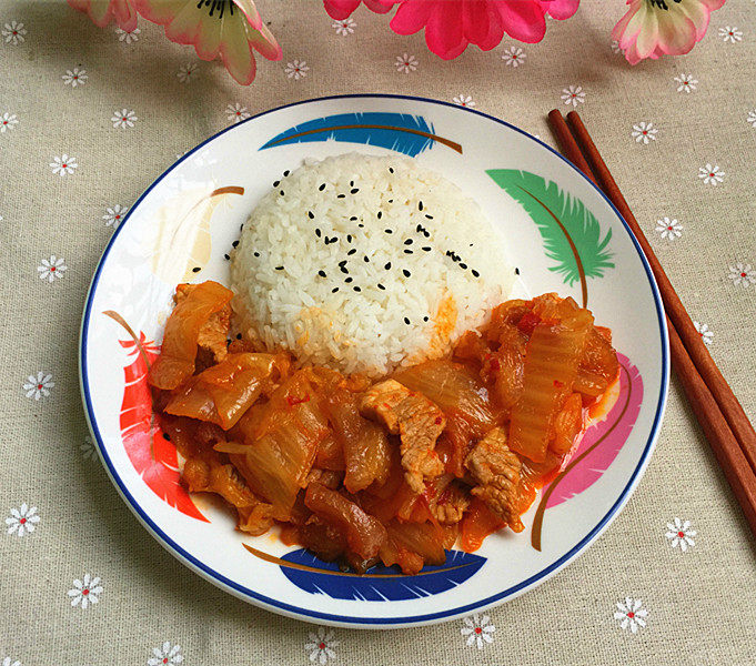 五花肉炒辣白菜盖饭步骤15